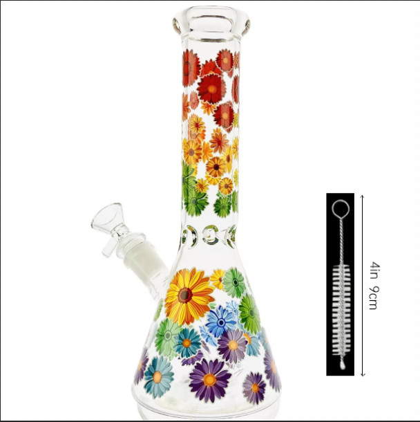 10inch Colorful Flower Beaker Bong Glass Bongs Water Pipe Hookah 14MM Slide Bowl
